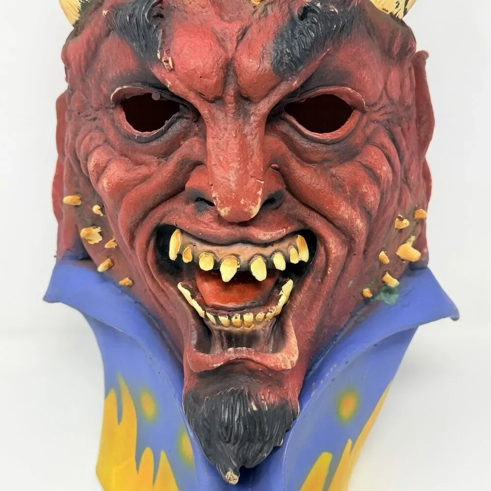 Red Devil Demon Horned Latex Mask Adult Halloween Horror Warlock Cosplay Costume